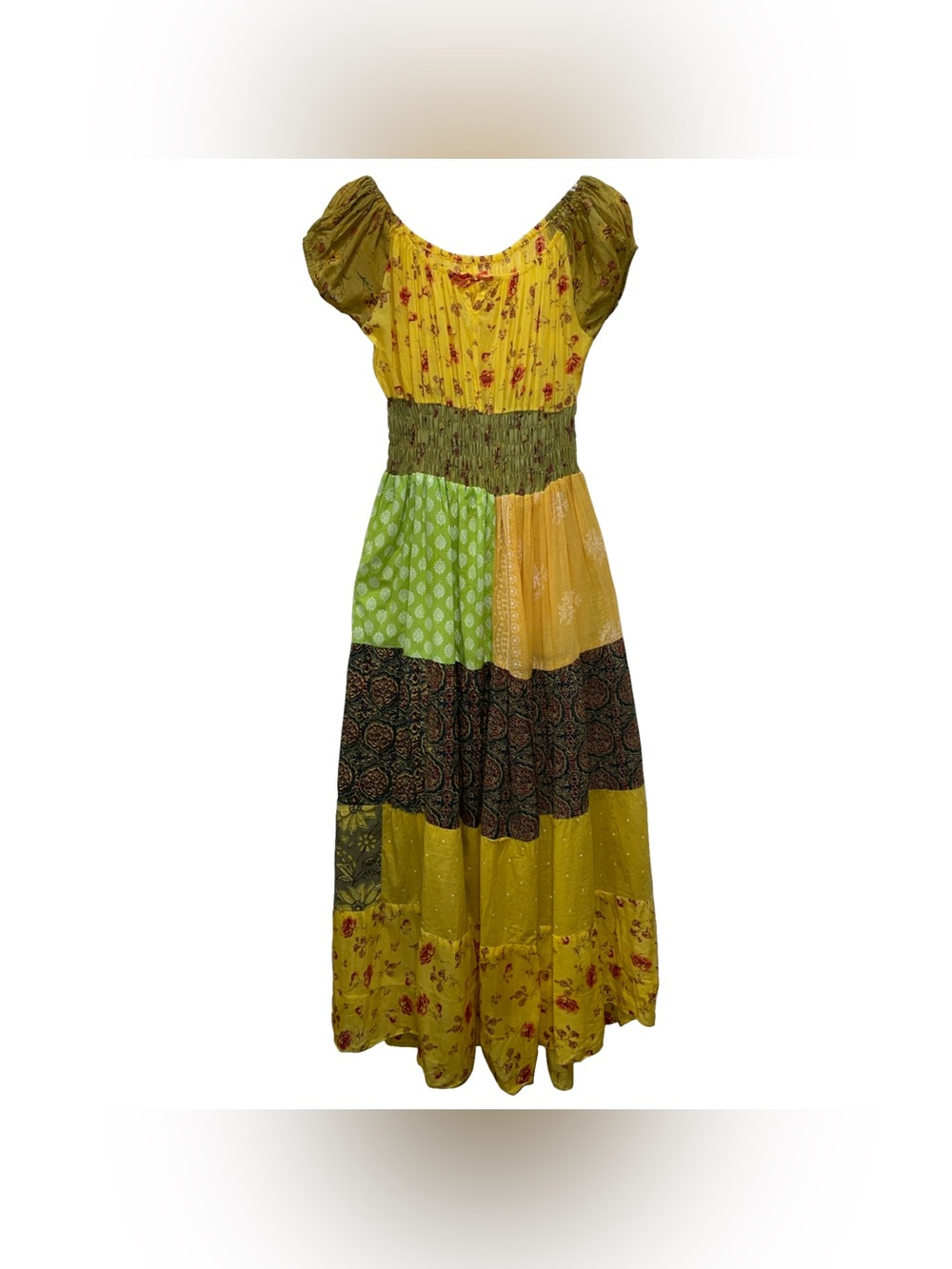 Boho Patchwork Maxi Dress Sz M-L Peasant Cottagecore Prairie Renaissance Country
